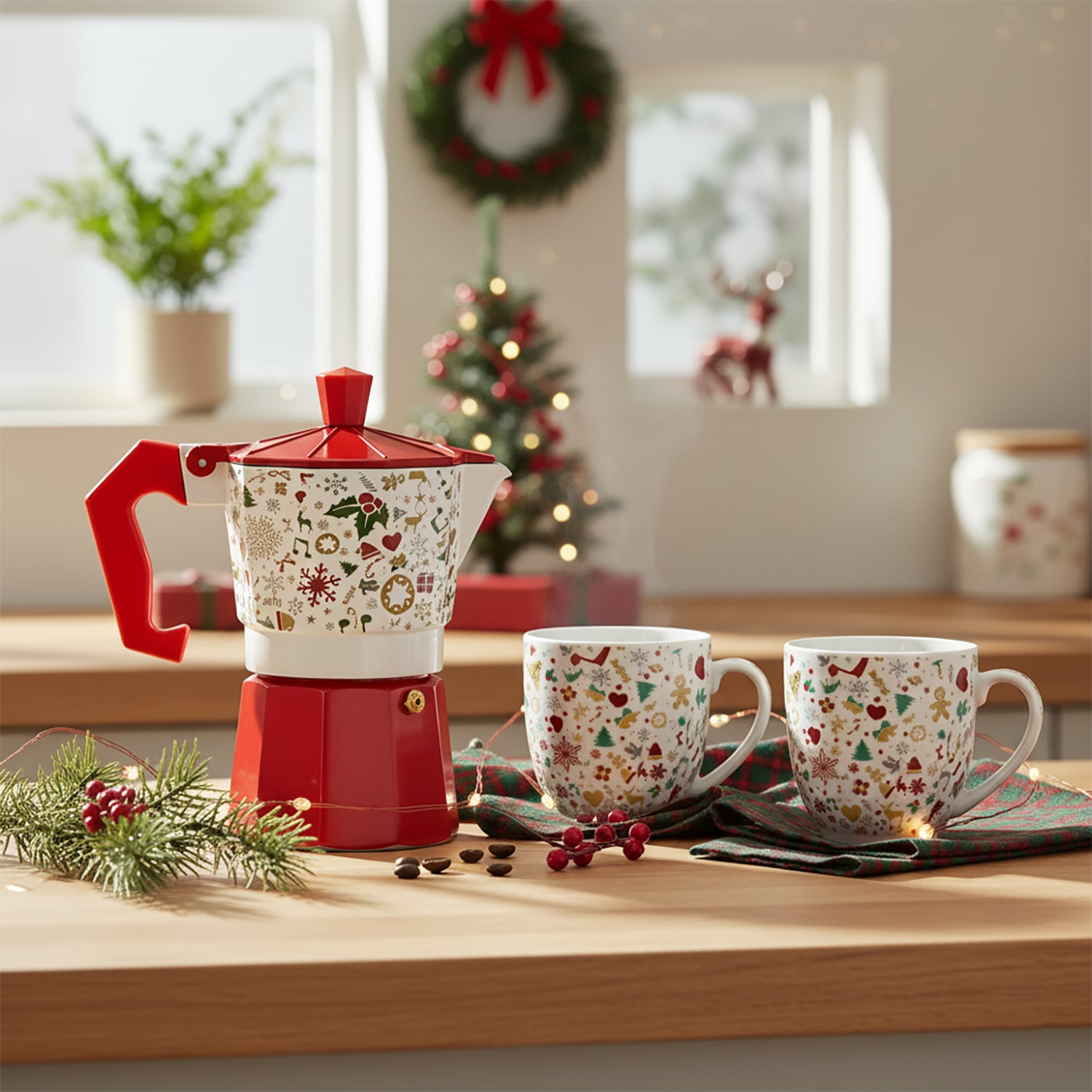 VESTIAMO CASA GRAN NATALE - Box Caffettiera con 2 Tazze Natalizie
